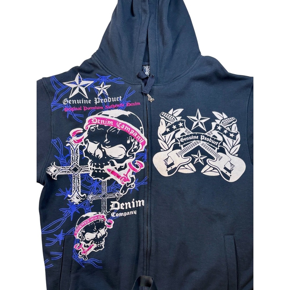 Denim Company Zip Up Hoodie Mens XL Black Y2K Skull Guitar Graphic